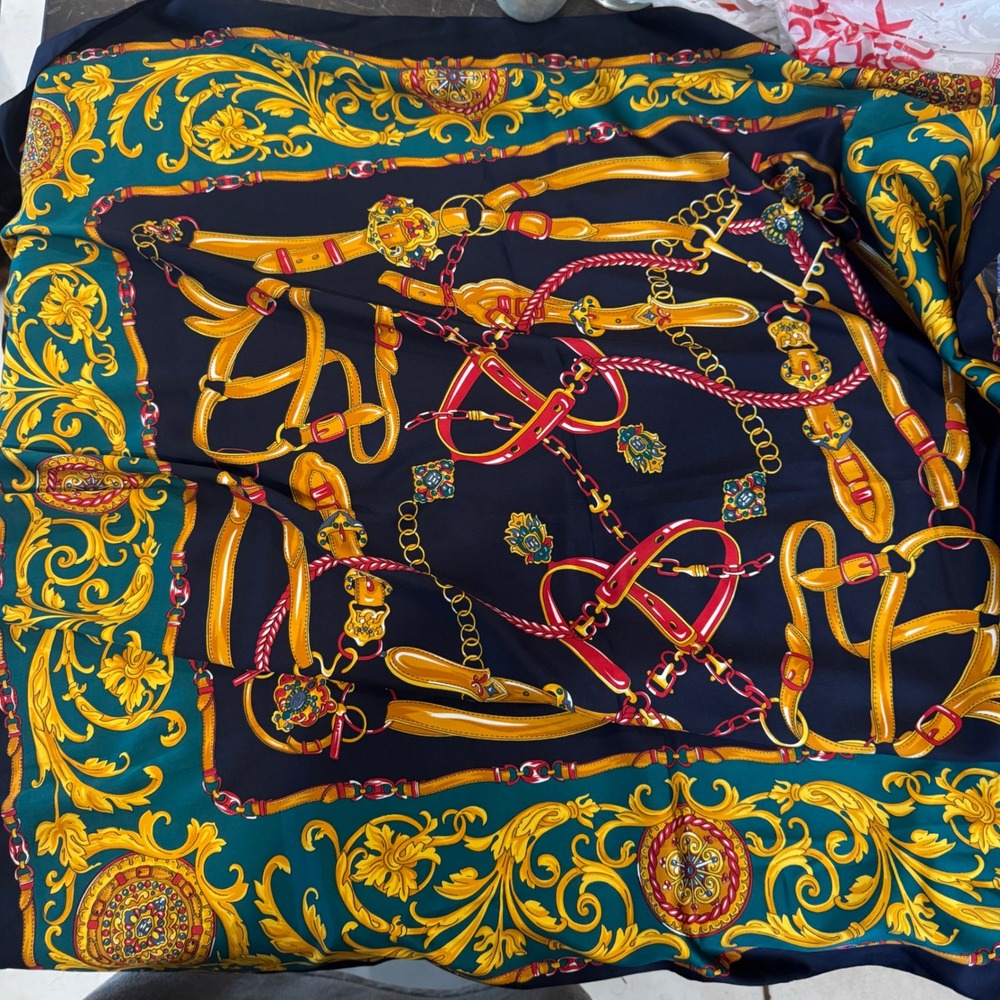 Vintage Equestrian Baroque Chain Print Scarf Navy Teal Gold Silk Like Square